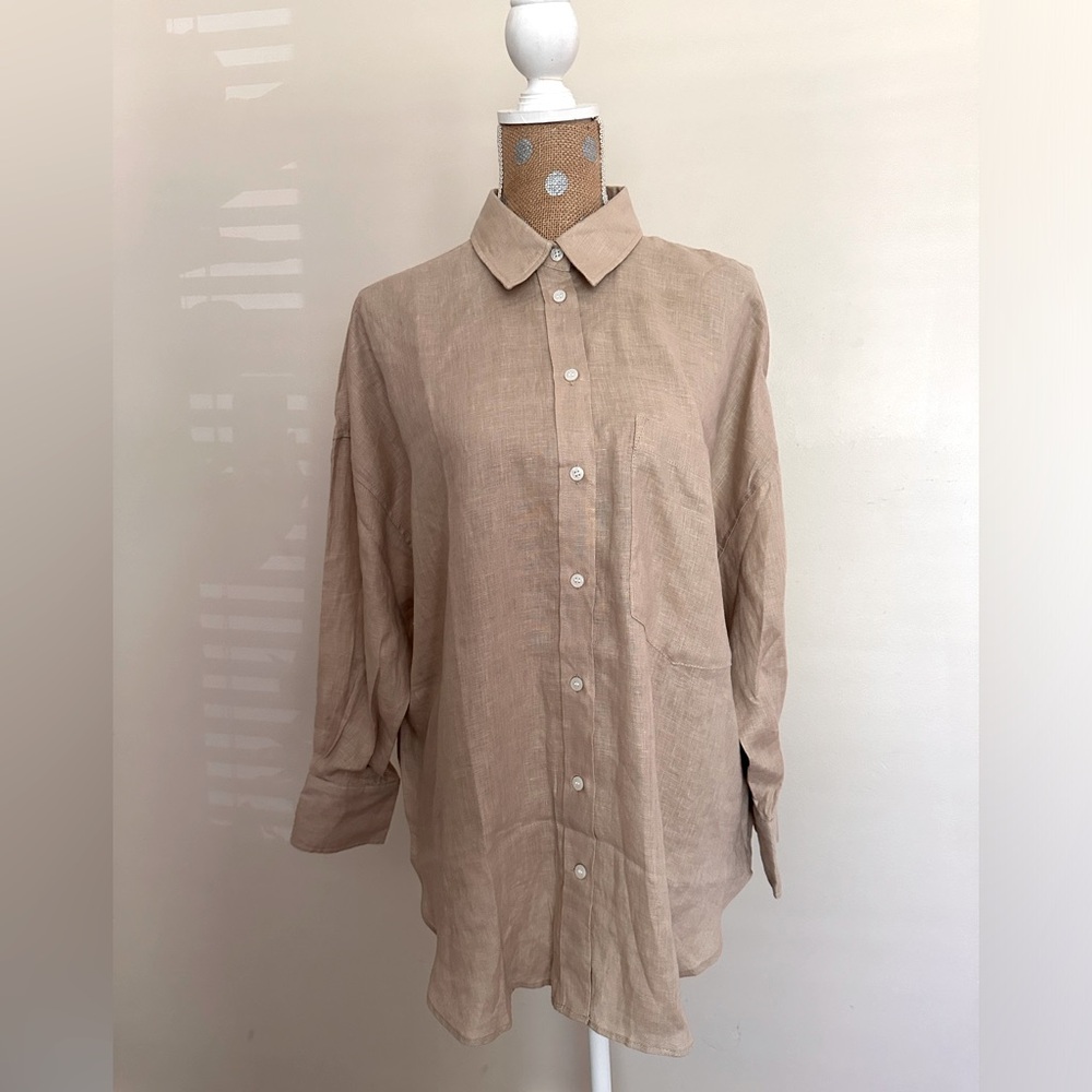 Zara 100% Linen Summer Neutral Button Up Shirt